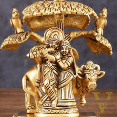Pure Brass Radha Krishna with Cow Under Tree Idol - 7" Height