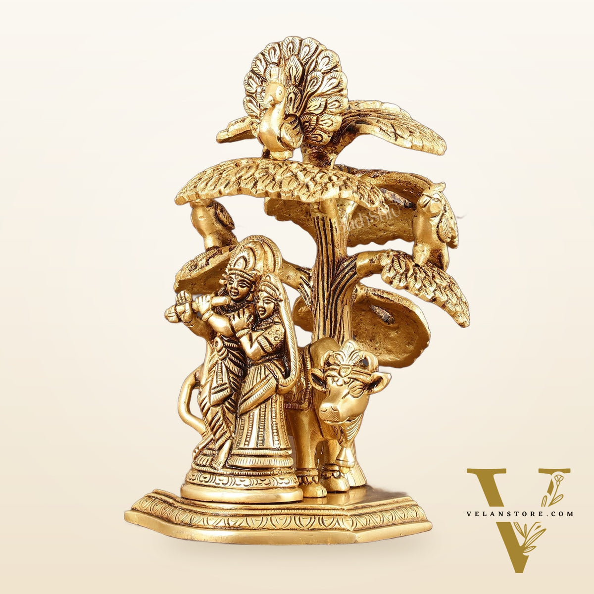 Pure Brass Radha Krishna with Cow Under Tree Idol - 7" Height