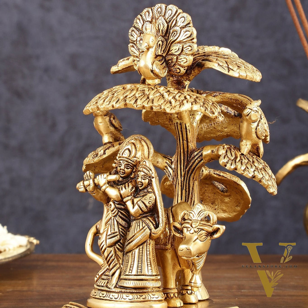 Pure Brass Radha Krishna with Cow Under Tree Idol - 7" Height