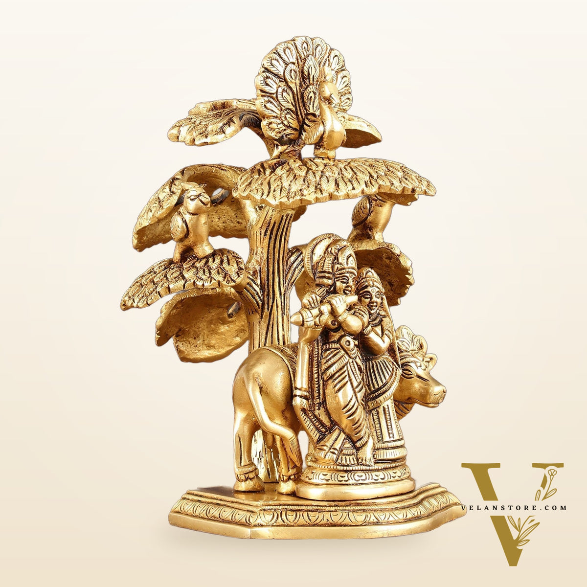 Pure Brass Radha Krishna with Cow Under Tree Idol - 7" Height