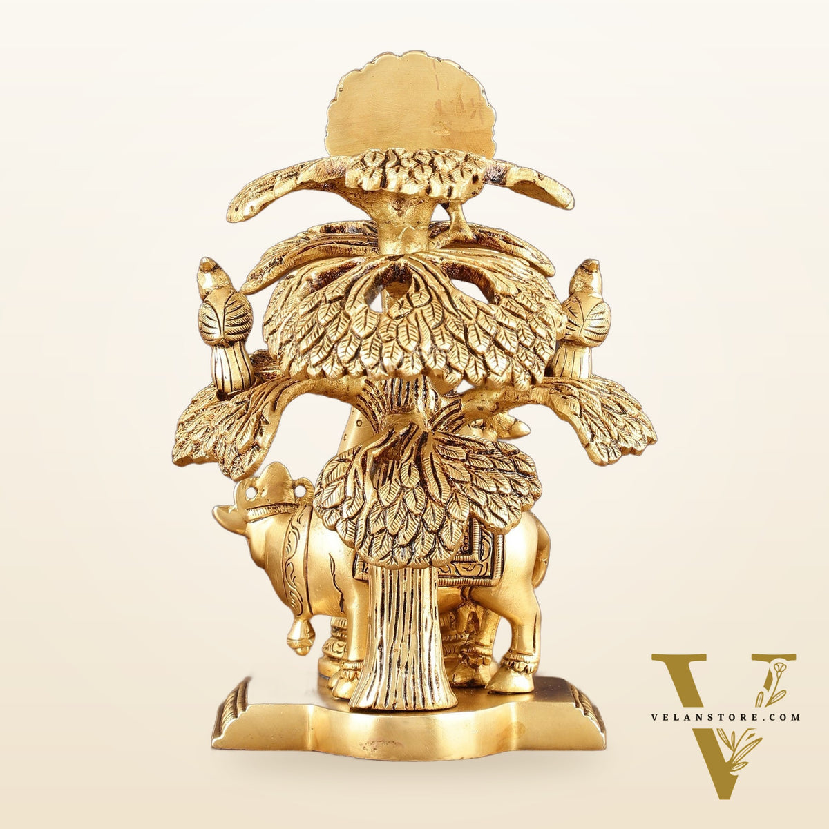 Pure Brass Radha Krishna with Cow Under Tree Idol - 7" Height