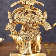 Pure Brass Radha Krishna with Cow Under Tree Idol - 7" Height