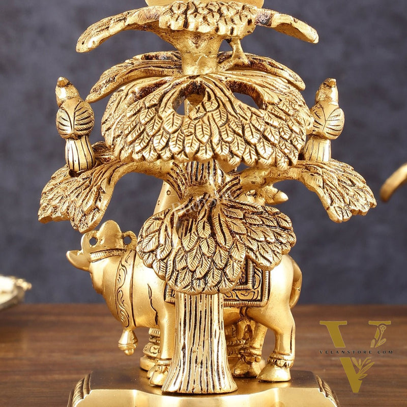 Pure Brass Radha Krishna with Cow Under Tree Idol - 7" Height