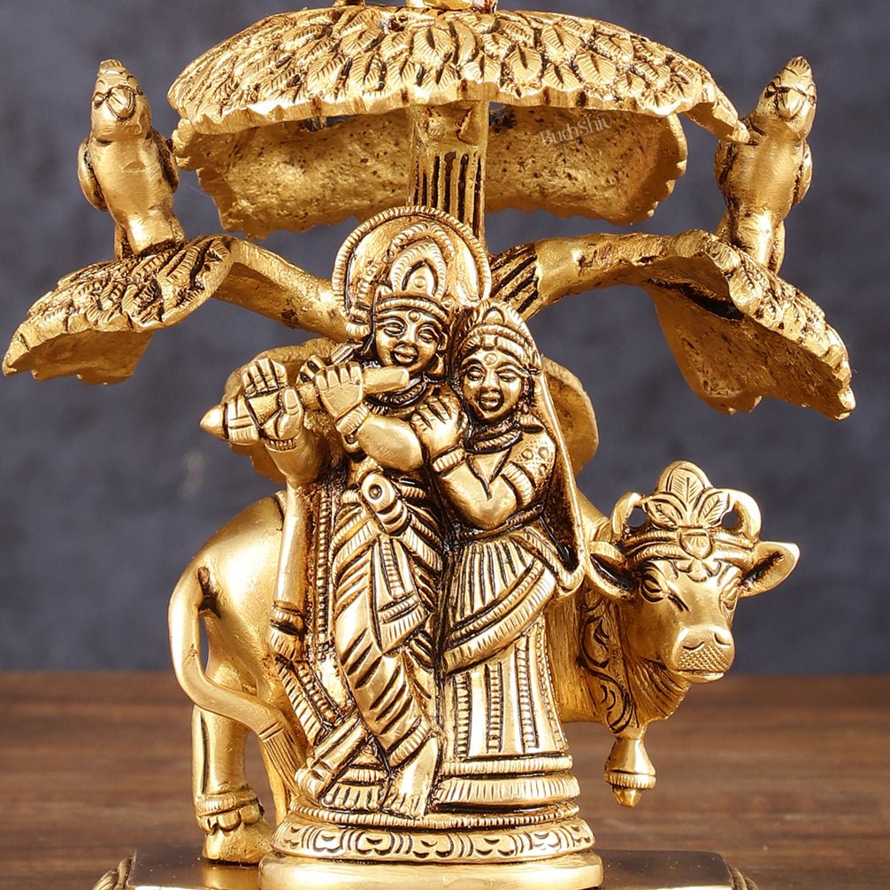 Pure Brass Radha Krishna with Cow Under Tree Idol - 7" Height