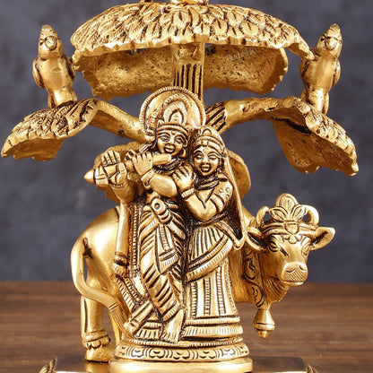 Pure Brass Radha Krishna with Cow Under Tree Idol - 7" Height