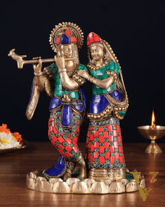 Pure Brass Radha Krishna with Idol - 11 inch with stonework