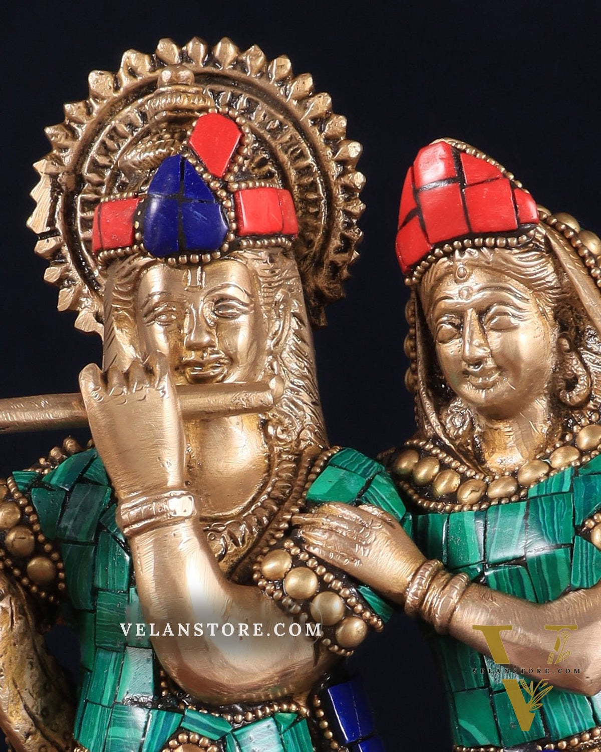Pure Brass Radha Krishna with Idol - 11 inch with stonework
