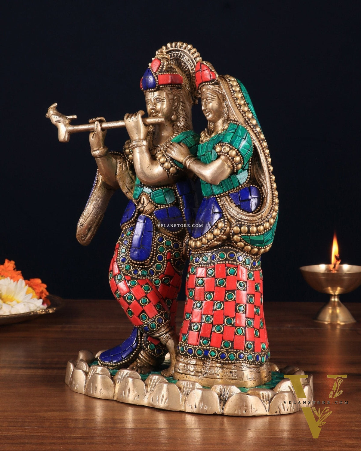 Pure Brass Radha Krishna with Idol - 11 inch with stonework
