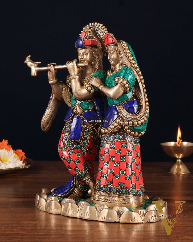 Pure Brass Radha Krishna with Idol - 11 inch with stonework