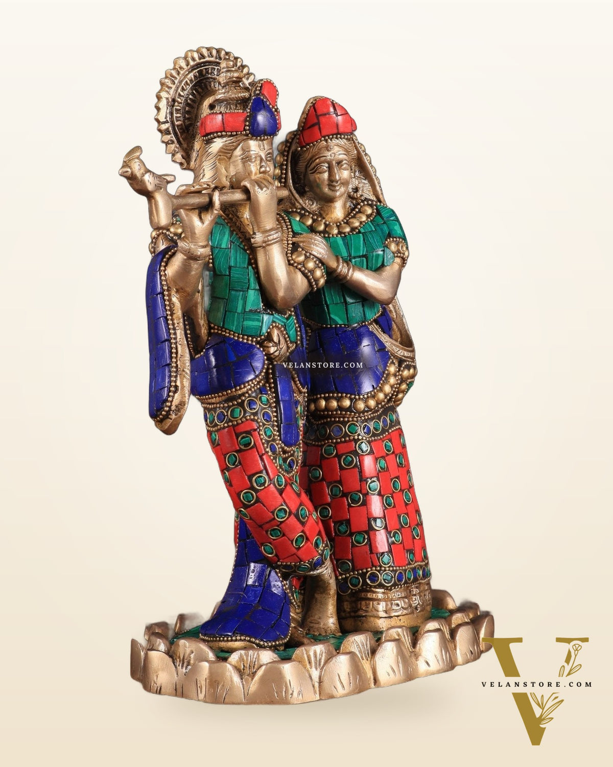 Pure Brass Radha Krishna with Idol - 11 inch with stonework
