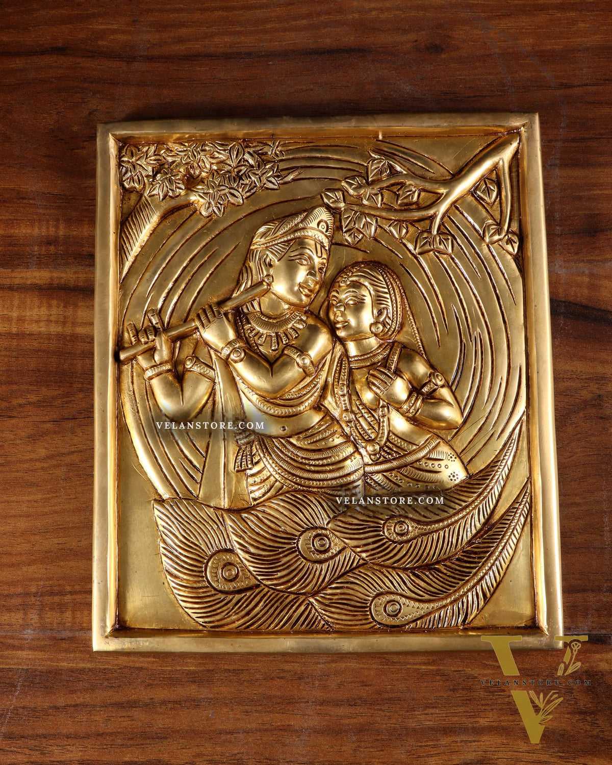 Pure Brass Radha Krishna with Kalpavriksha & Peacock Motifs – 3D Wall Hanging 11 inch
