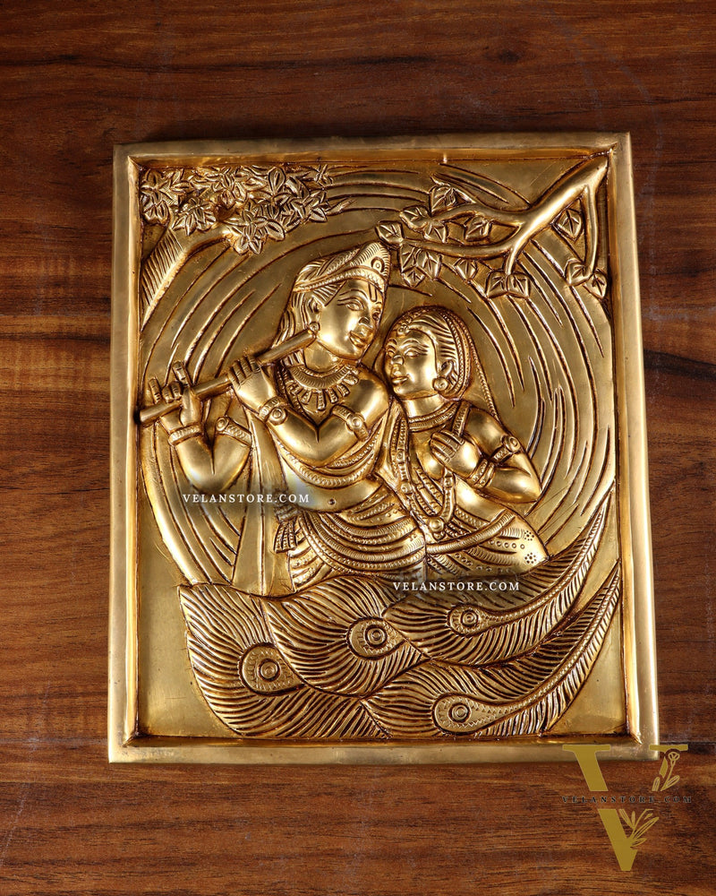 Pure Brass Radha Krishna with Kalpavriksha & Peacock Motifs – 3D Wall Hanging 11 inch