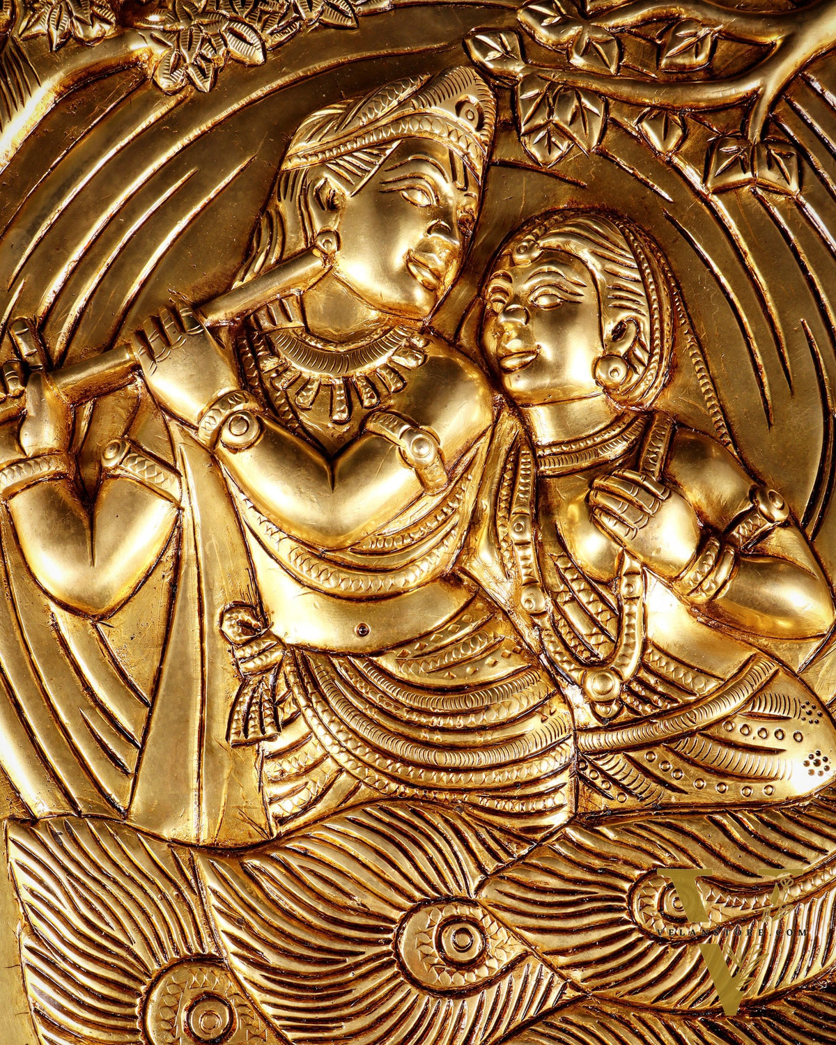 Pure Brass Radha Krishna with Kalpavriksha & Peacock Motifs – 3D Wall Hanging 11 inch