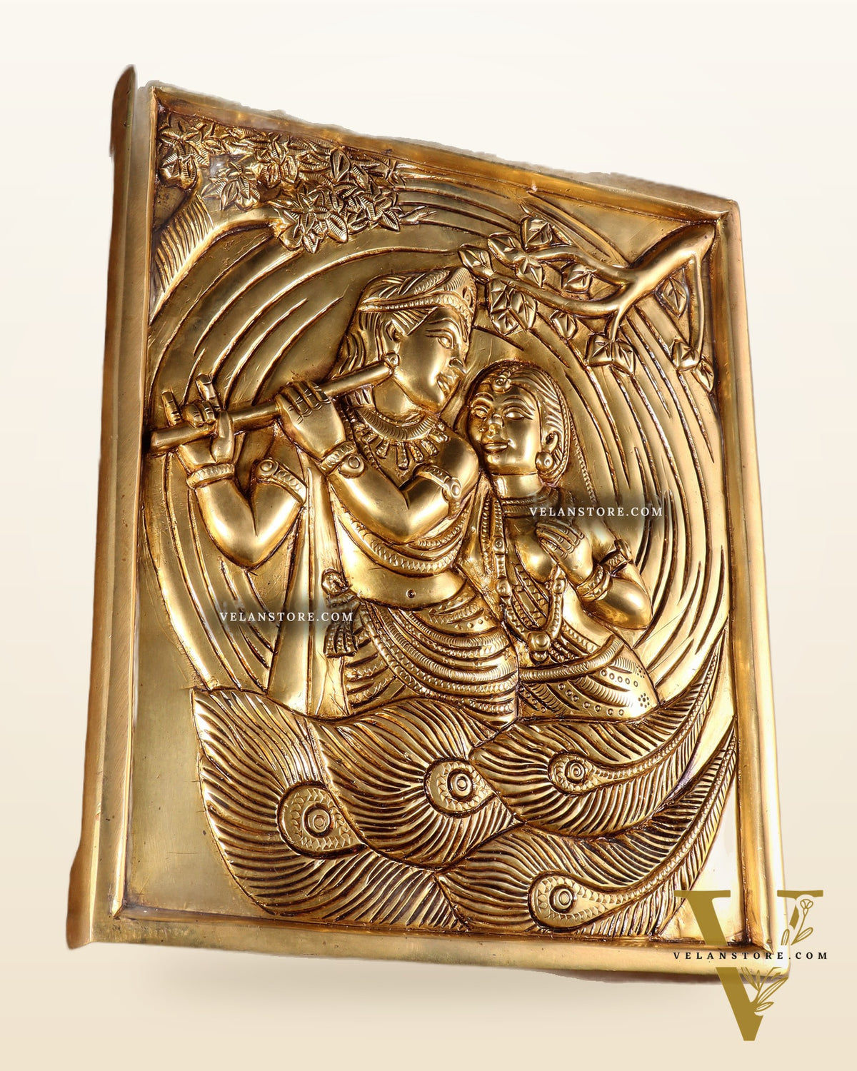 Pure Brass Radha Krishna with Kalpavriksha & Peacock Motifs – 3D Wall Hanging 11 inch