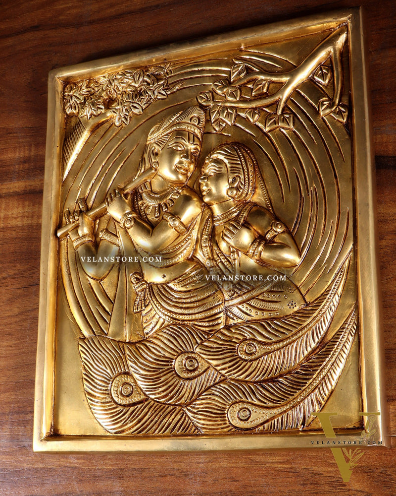 Pure Brass Radha Krishna with Kalpavriksha & Peacock Motifs – 3D Wall Hanging 11 inch