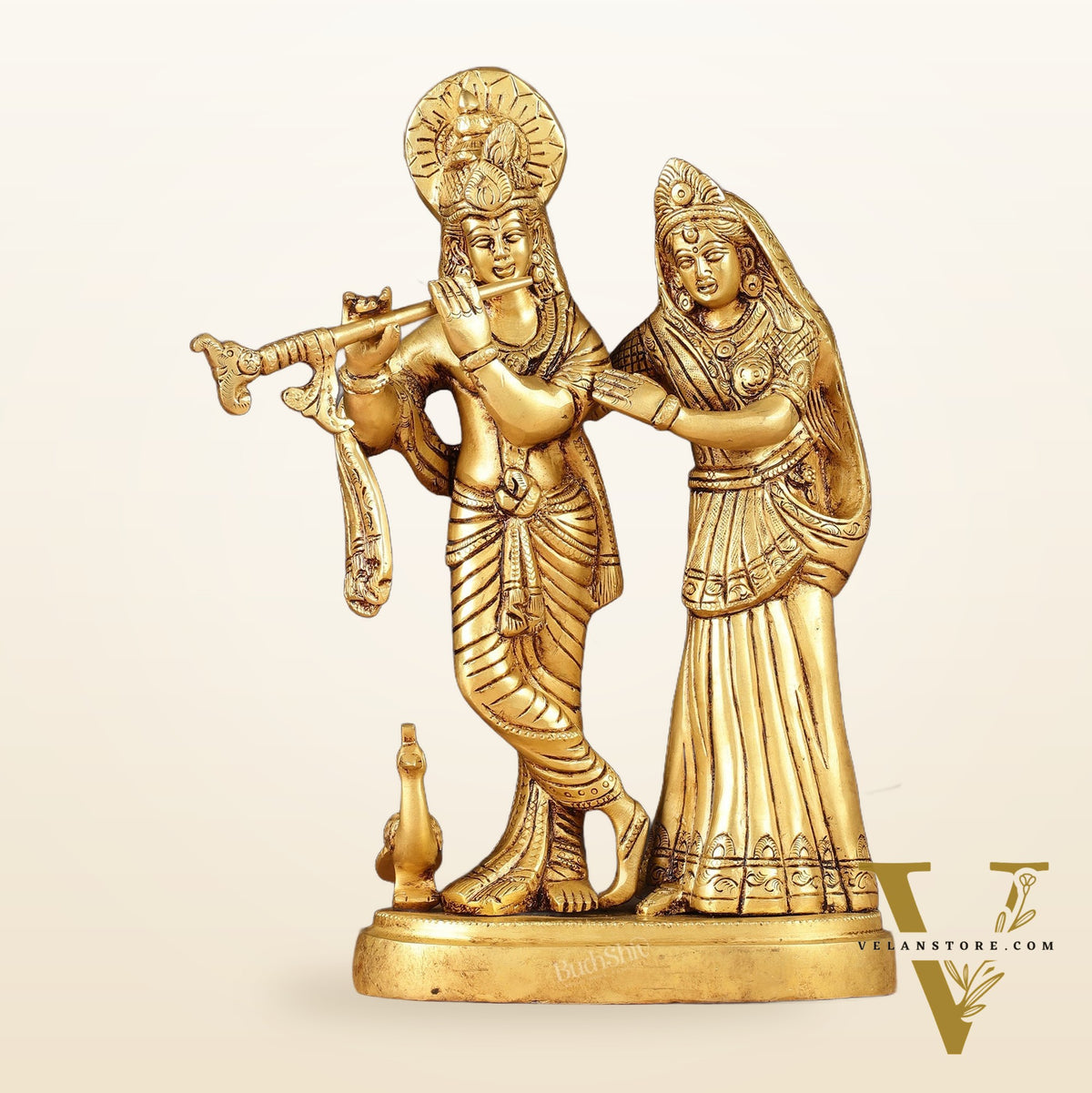 Pure Brass Radha Krishna with Peacock Idol - 11 inch
