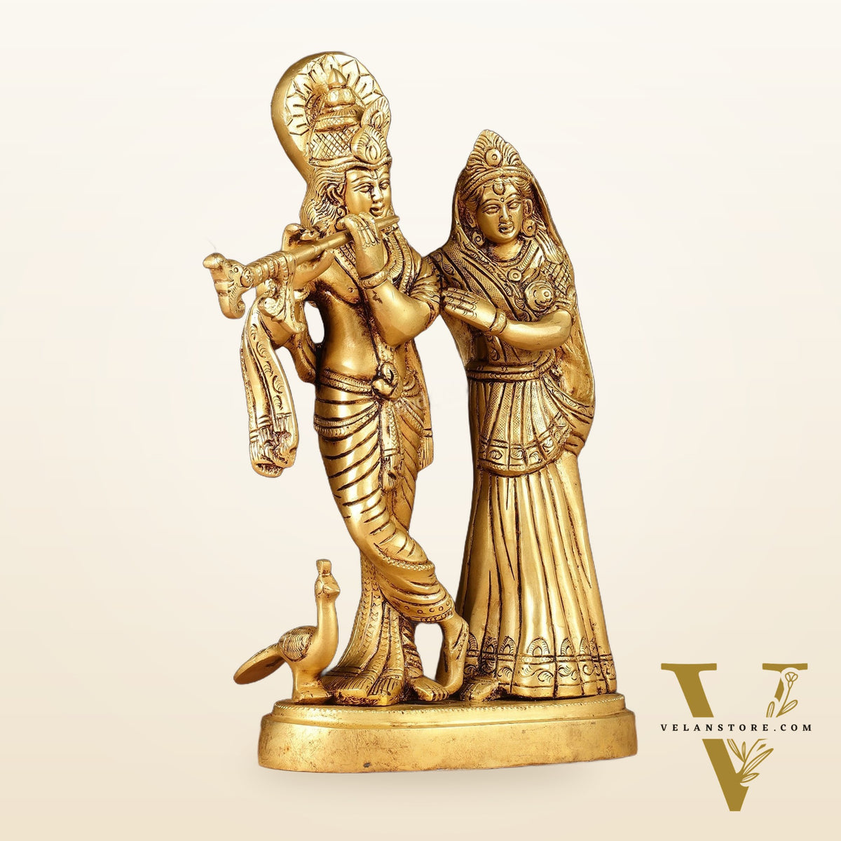 Pure Brass Radha Krishna with Peacock Idol - 11 inch