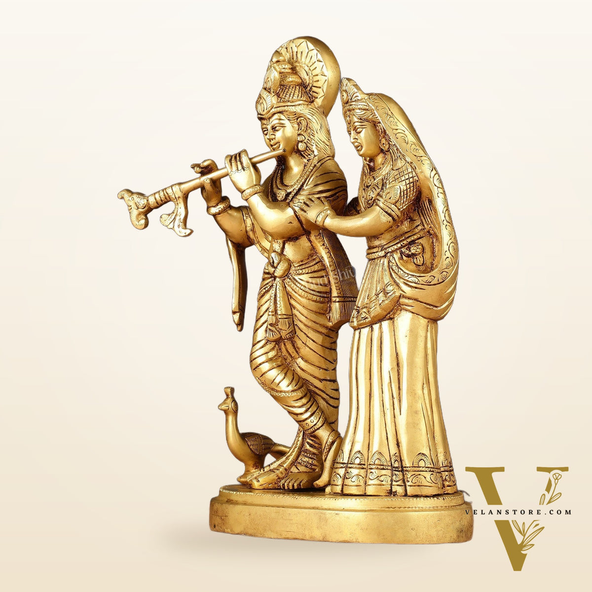 Pure Brass Radha Krishna with Peacock Idol - 11 inch
