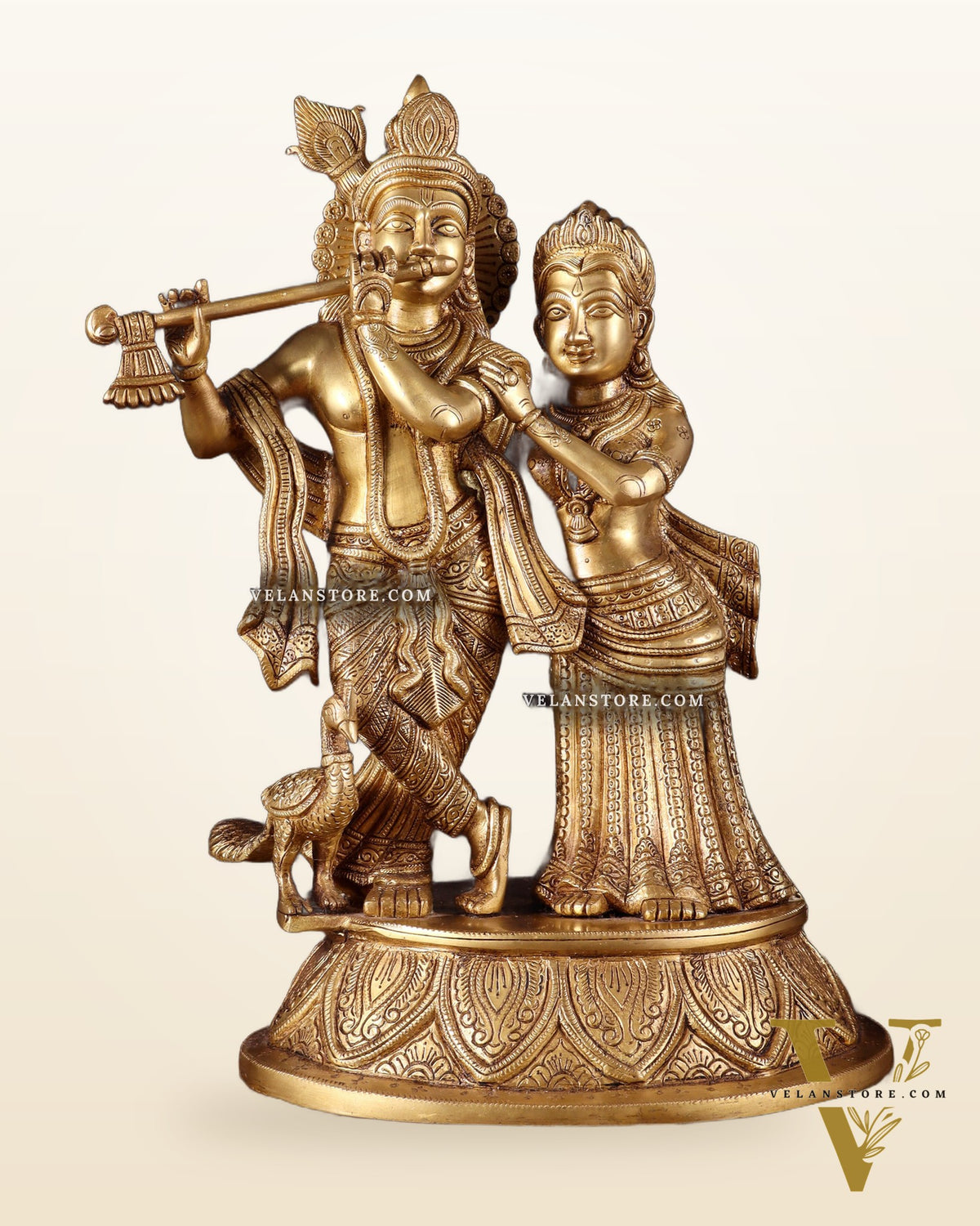 Pure Brass Radha Krishna with Peacock Idol - 16"