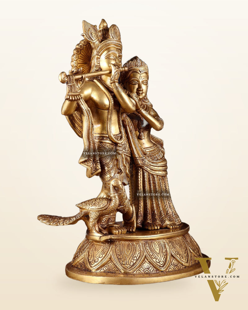 Pure Brass Radha Krishna with Peacock Idol - 16"