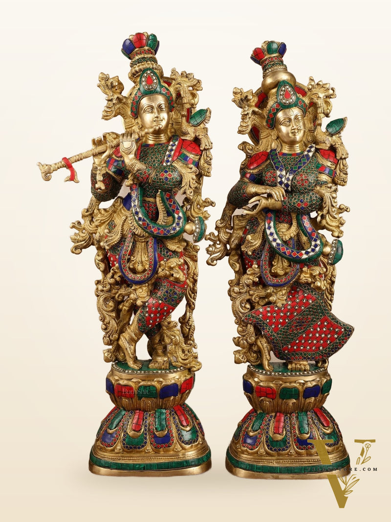Pure Brass Radha Krishna with Stonework Meenakari | 30x11x6 Inches