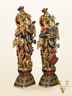Pure Brass Radha Krishna with Stonework Meenakari | 30x11x6 Inches