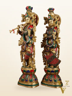 Pure Brass Radha Krishna with Stonework Meenakari | 30x11x6 Inches