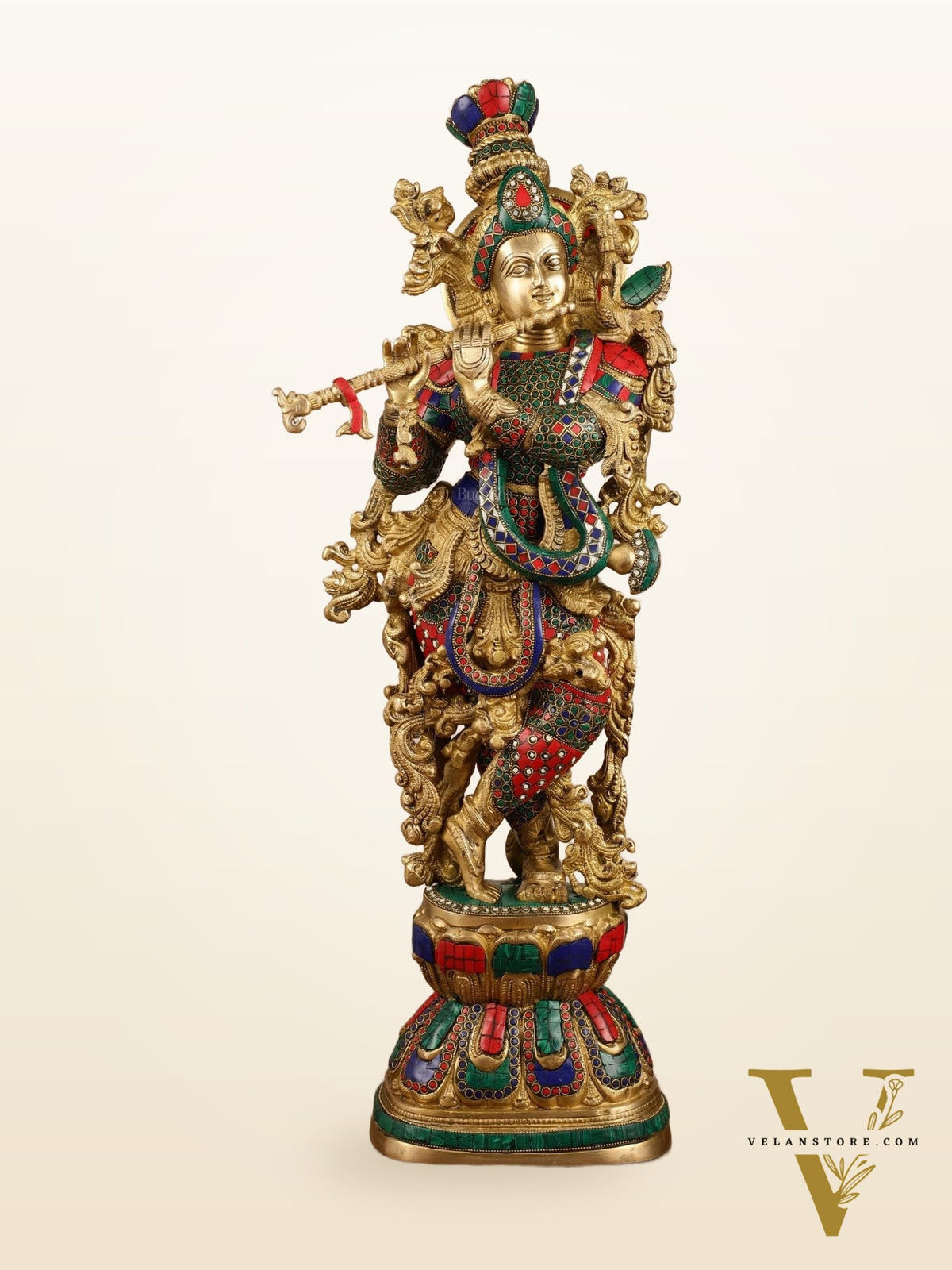 Pure Brass Radha Krishna with Stonework Meenakari | 30x11x6 Inches