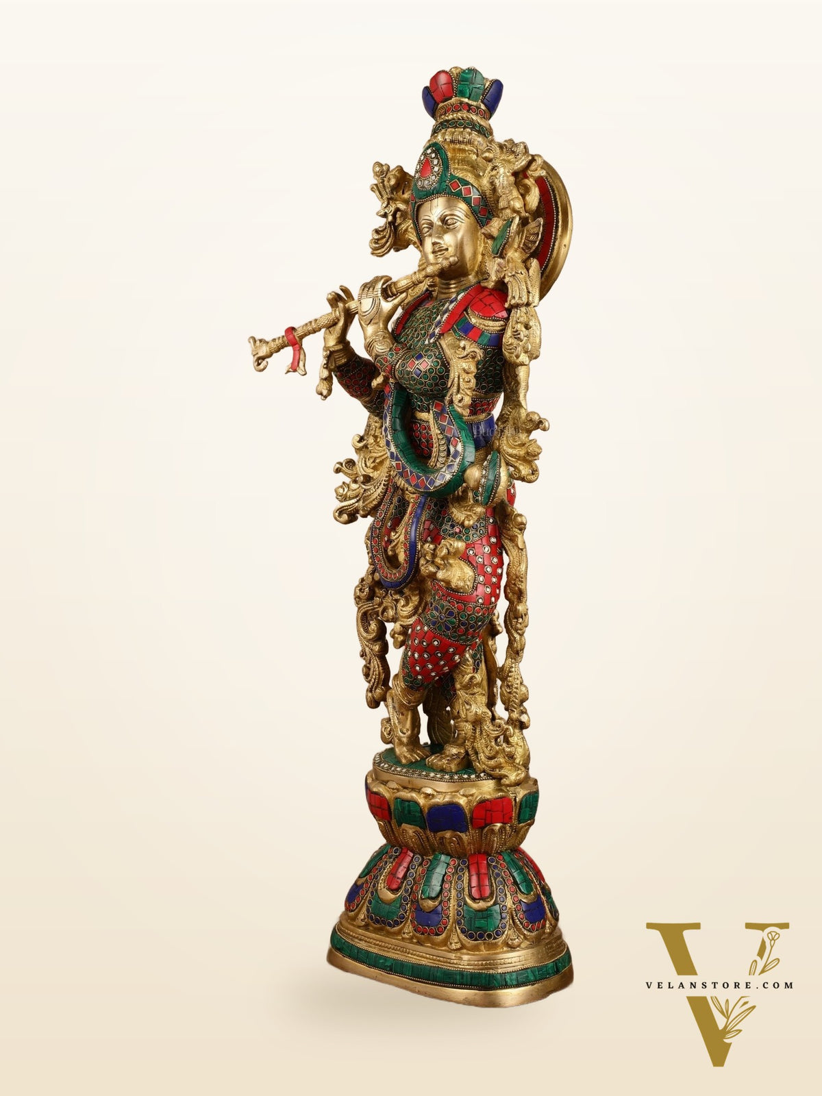 Pure Brass Radha Krishna with Stonework Meenakari | 30x11x6 Inches