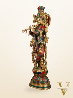 Pure Brass Radha Krishna with Stonework Meenakari | 30x11x6 Inches