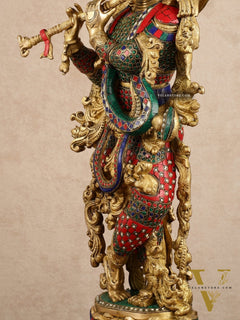 Pure Brass Radha Krishna with Stonework Meenakari | 30x11x6 Inches