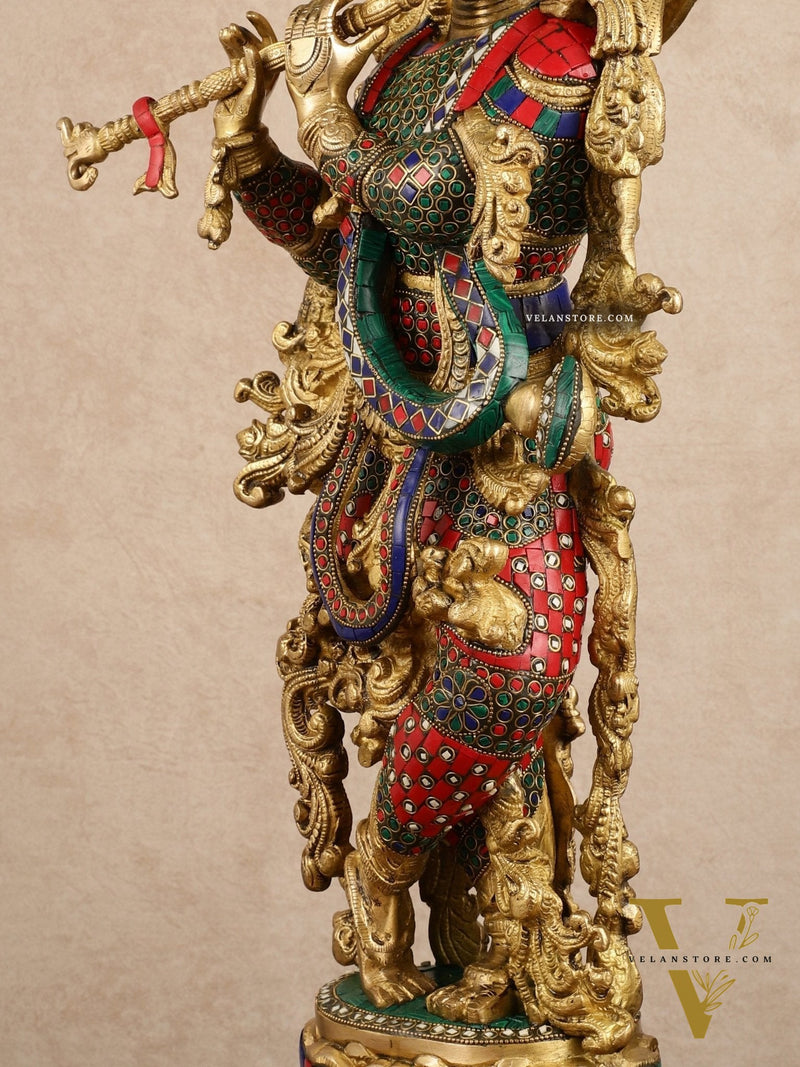 Pure Brass Radha Krishna with Stonework Meenakari | 30x11x6 Inches