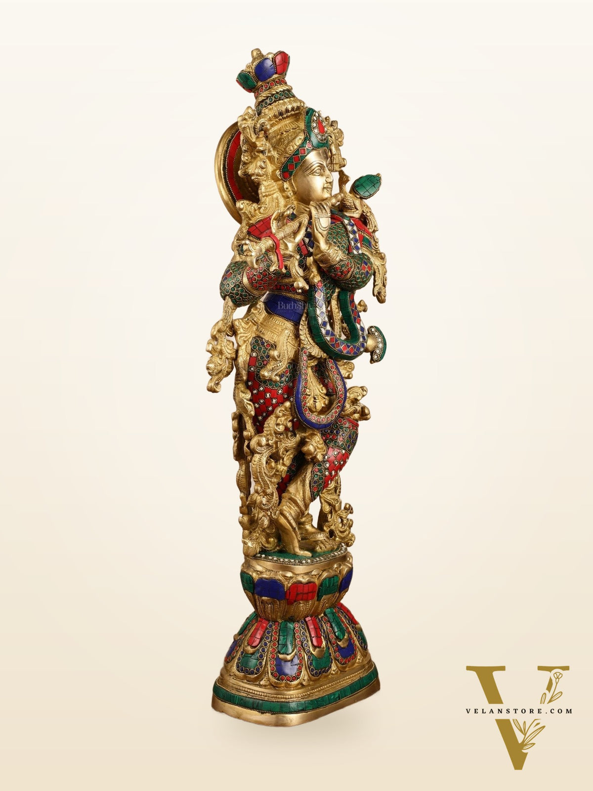 Pure Brass Radha Krishna with Stonework Meenakari | 30x11x6 Inches