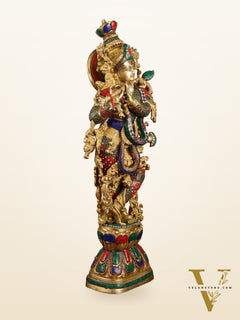 Pure Brass Radha Krishna with Stonework Meenakari | 30x11x6 Inches
