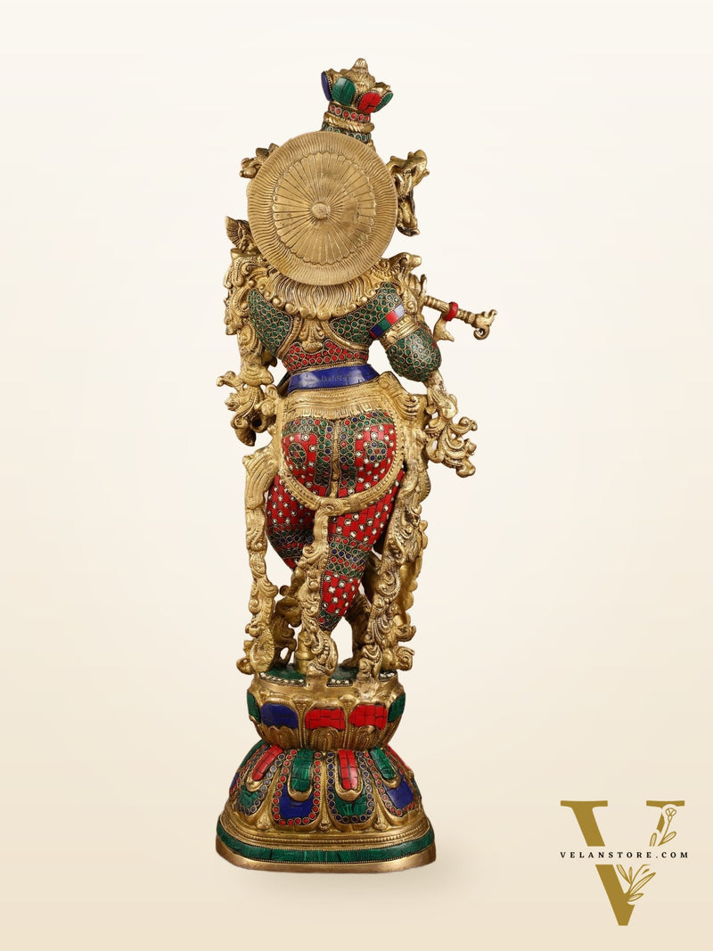 Pure Brass Radha Krishna with Stonework Meenakari | 30x11x6 Inches