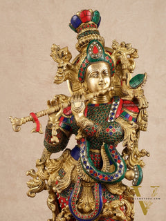 Pure Brass Radha Krishna with Stonework Meenakari | 30x11x6 Inches