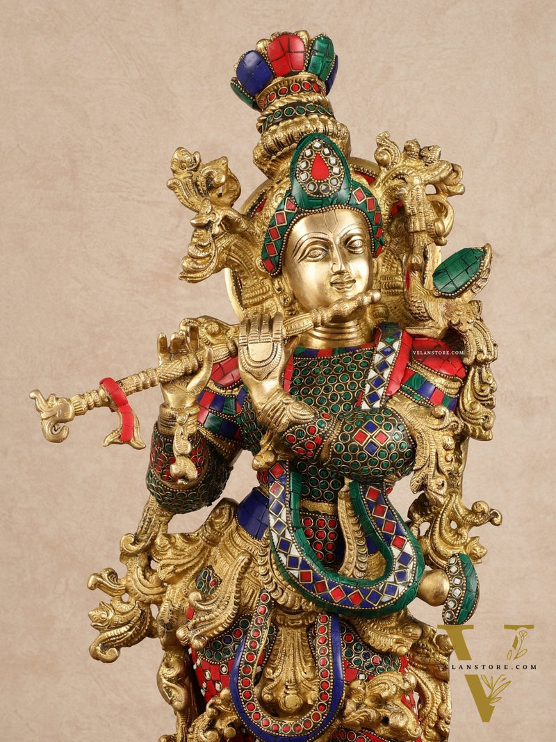 Pure Brass Radha Krishna with Stonework Meenakari | 30x11x6 Inches