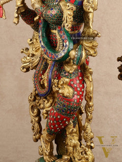 Pure Brass Radha Krishna with Stonework Meenakari | 30x11x6 Inches