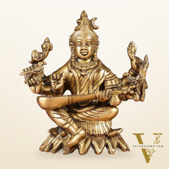 Pure Brass Raja Shyamala Devi Matangi Saraswati Idol with Eight Arms 7"