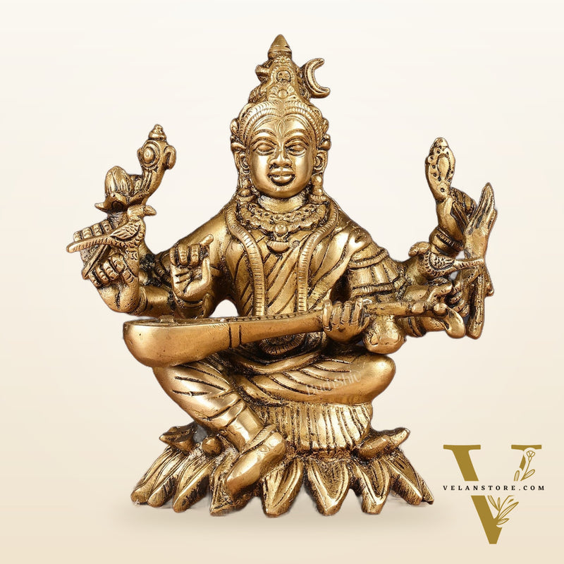 Pure Brass Raja Shyamala Devi Matangi Saraswati Idol with Eight Arms 7"