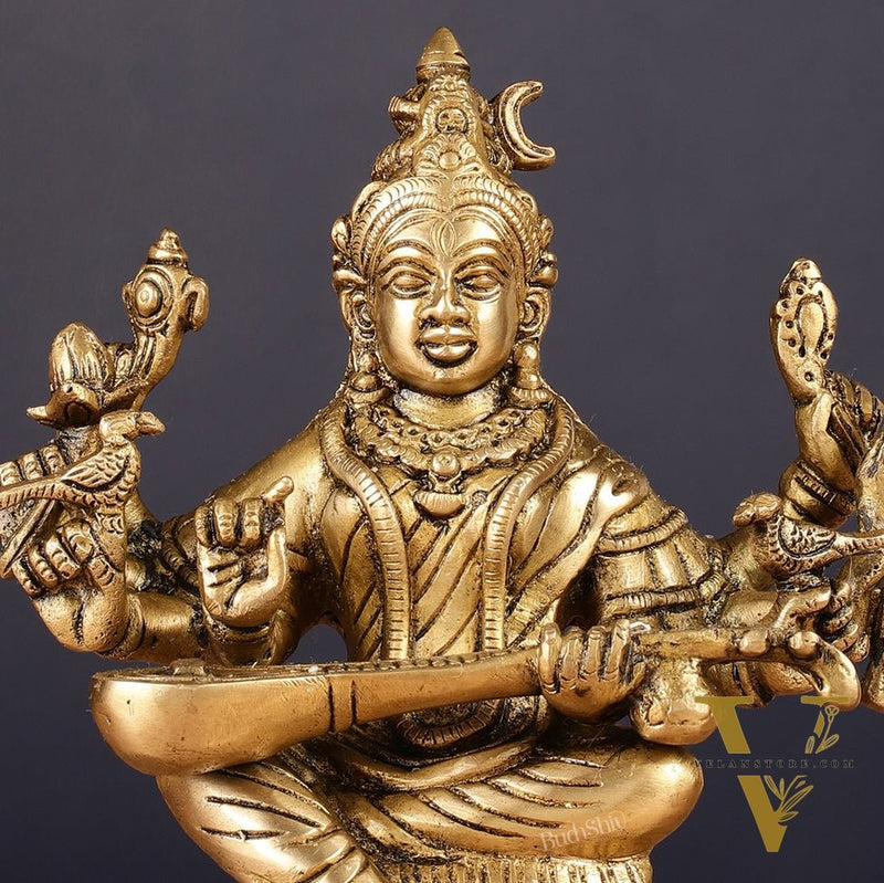 Pure Brass Raja Shyamala Devi Matangi Saraswati Idol with Eight Arms 7"