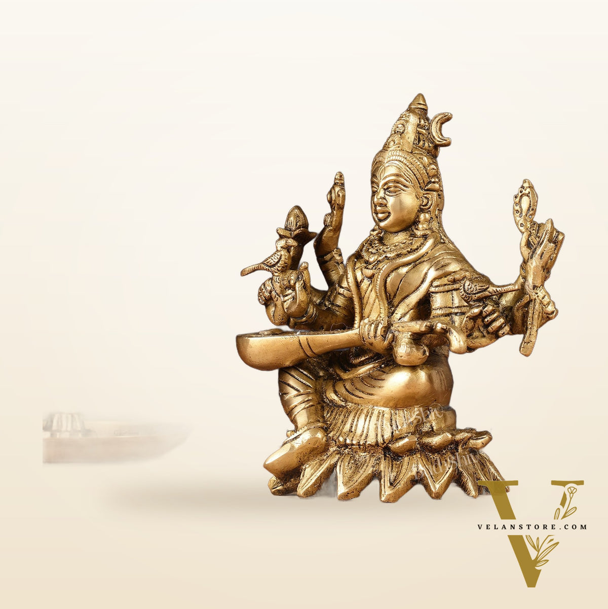 Pure Brass Raja Shyamala Devi Matangi Saraswati Idol with Eight Arms 7"