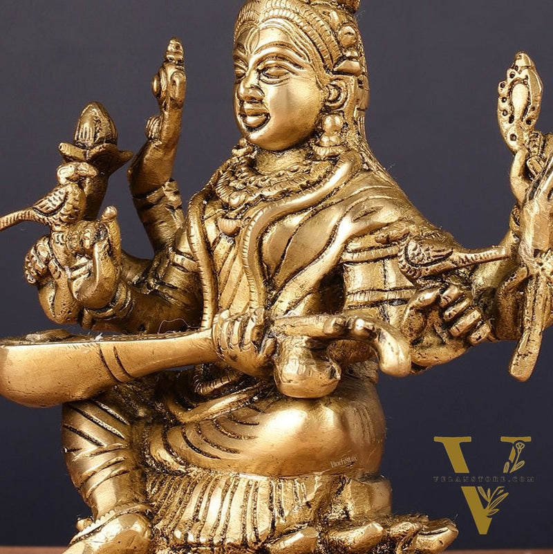 Pure Brass Raja Shyamala Devi Matangi Saraswati Idol with Eight Arms 7"