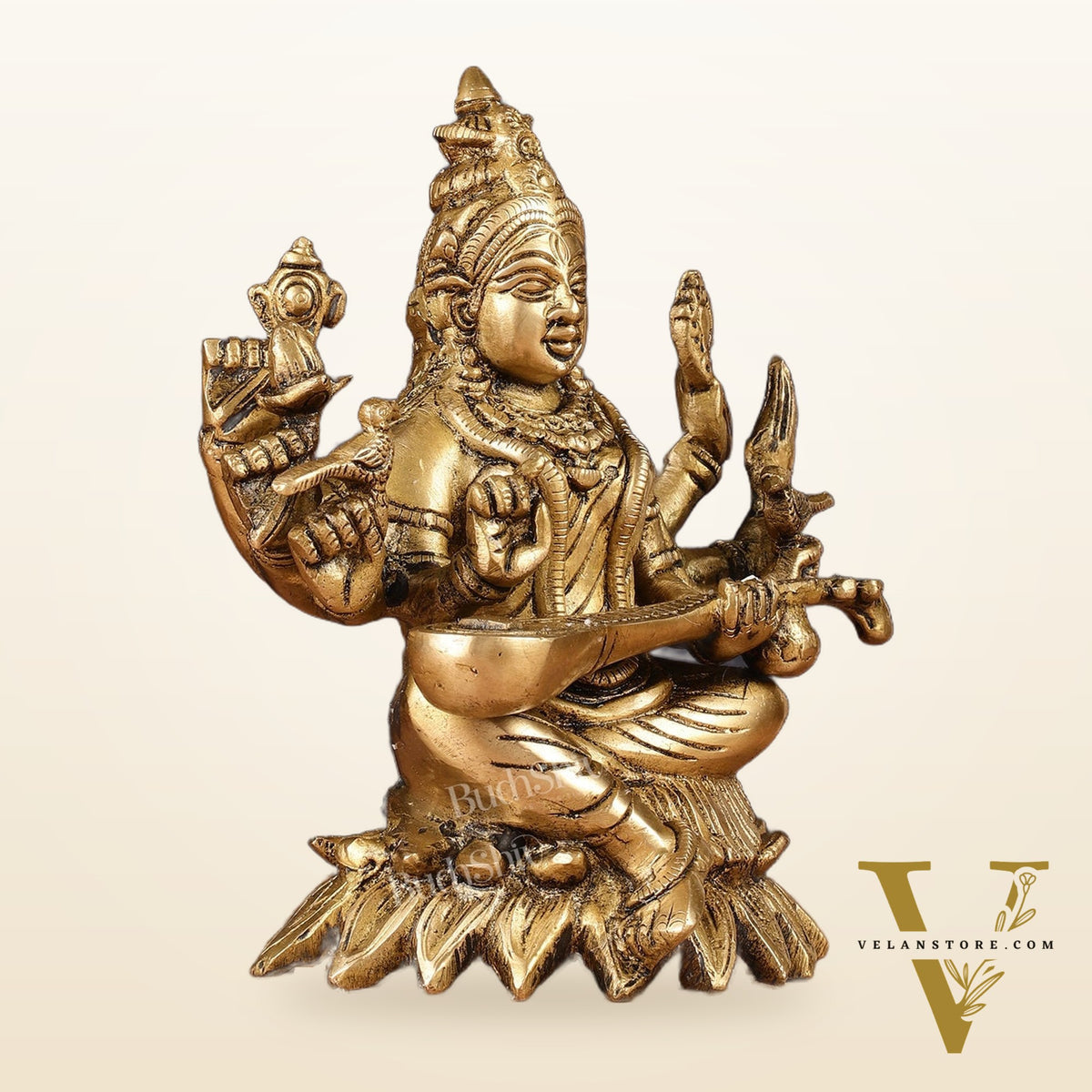 Pure Brass Raja Shyamala Devi Matangi Saraswati Idol with Eight Arms 7"