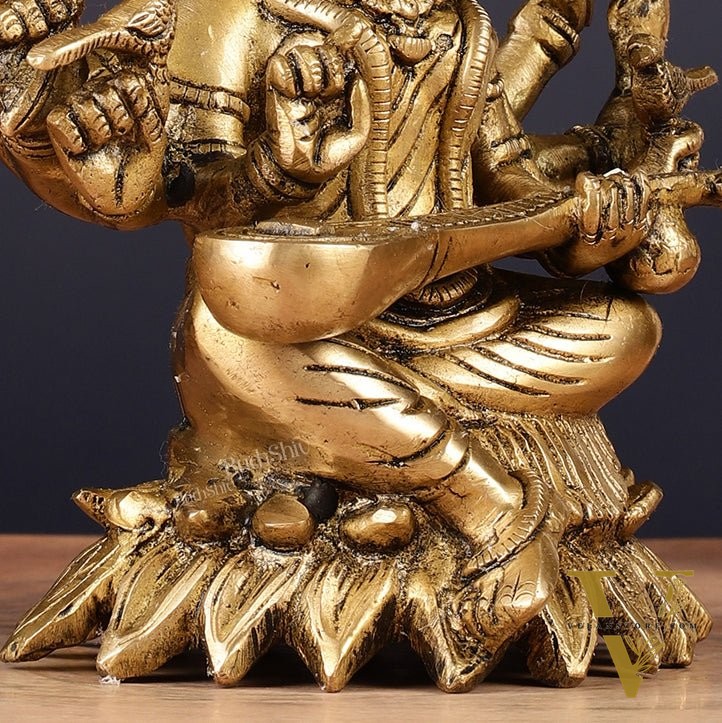 Pure Brass Raja Shyamala Devi Matangi Saraswati Idol with Eight Arms 7"