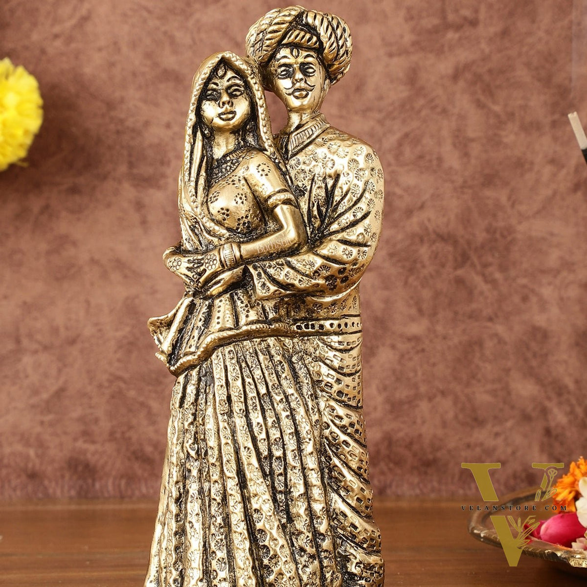 Pure Brass Rajasthani Couple Showpiece - 7.5" Tall