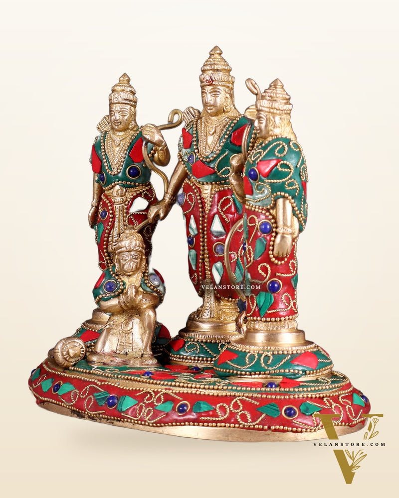 Pure Brass Ram Darbar Idol – Floral stonework, 7"