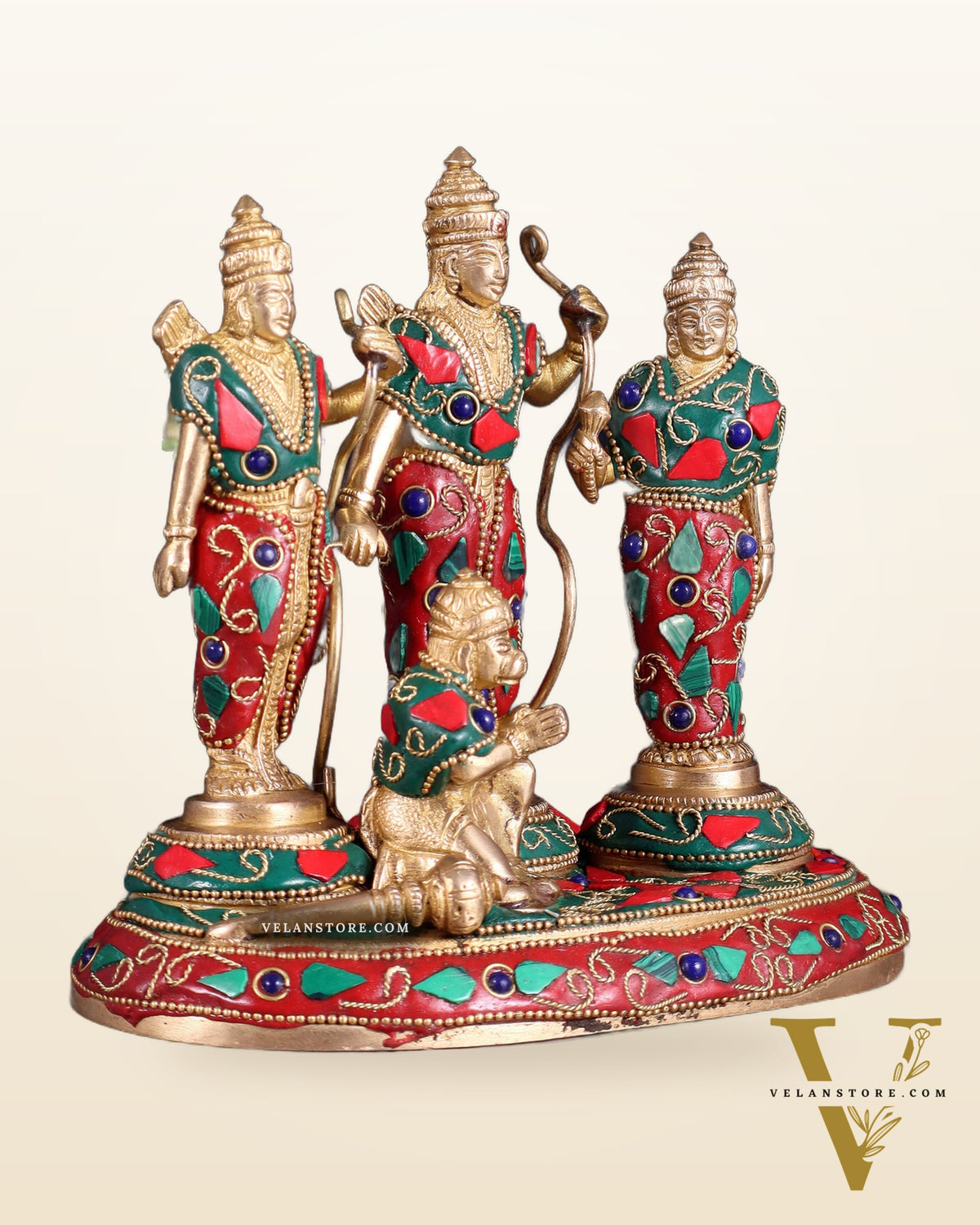 Pure Brass Ram Darbar Idol – Floral stonework, 7"
