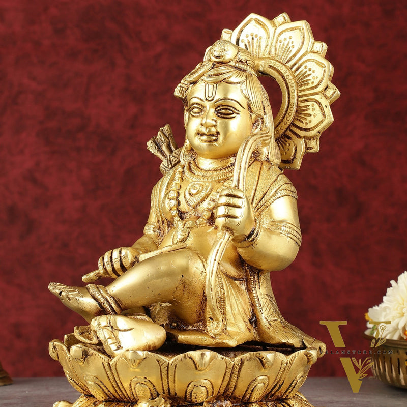 Pure Brass Ram Lalla Seated on Lotus Idol - 9" matte gold