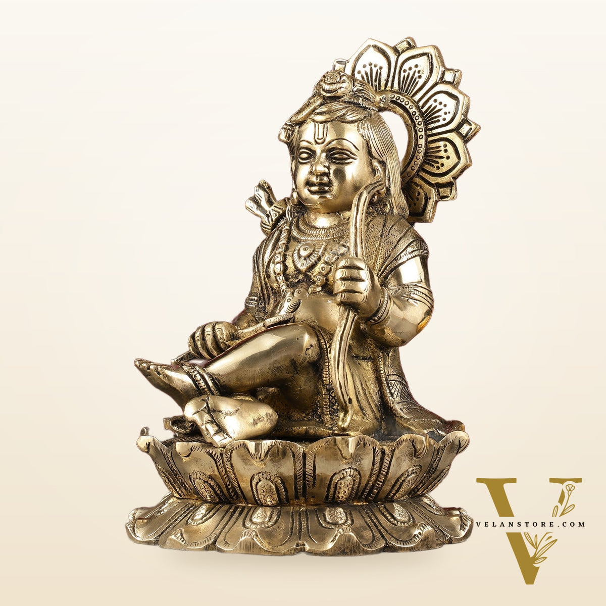 Pure Brass Ram Lalla Seated on Lotus Idol - 9" shine gold